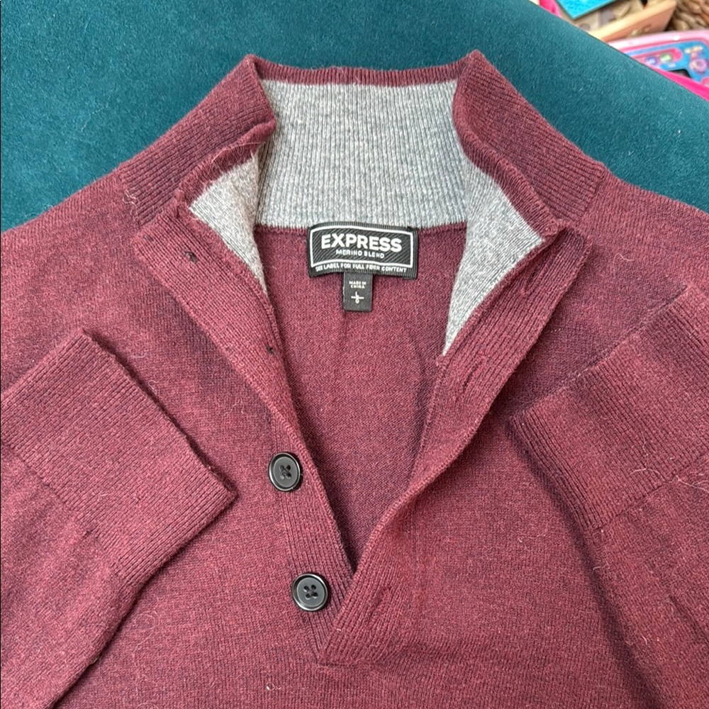 Express Red and Gray Cardigan Sweater with Distinctive Collar